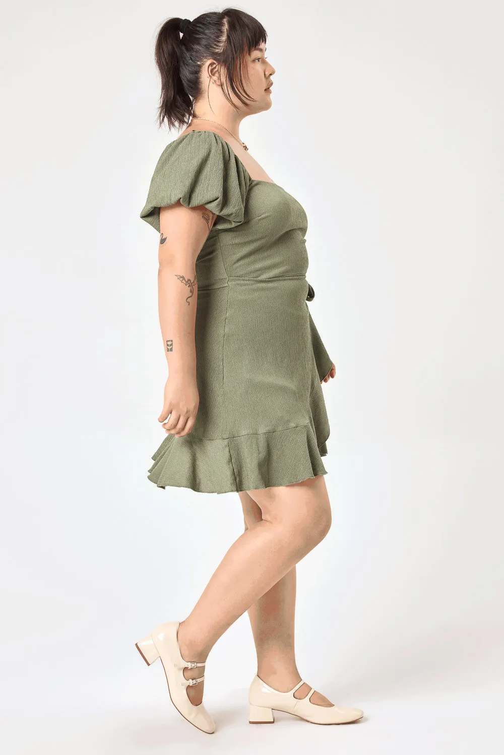 Olive Puff Sleeve Wrap Dress