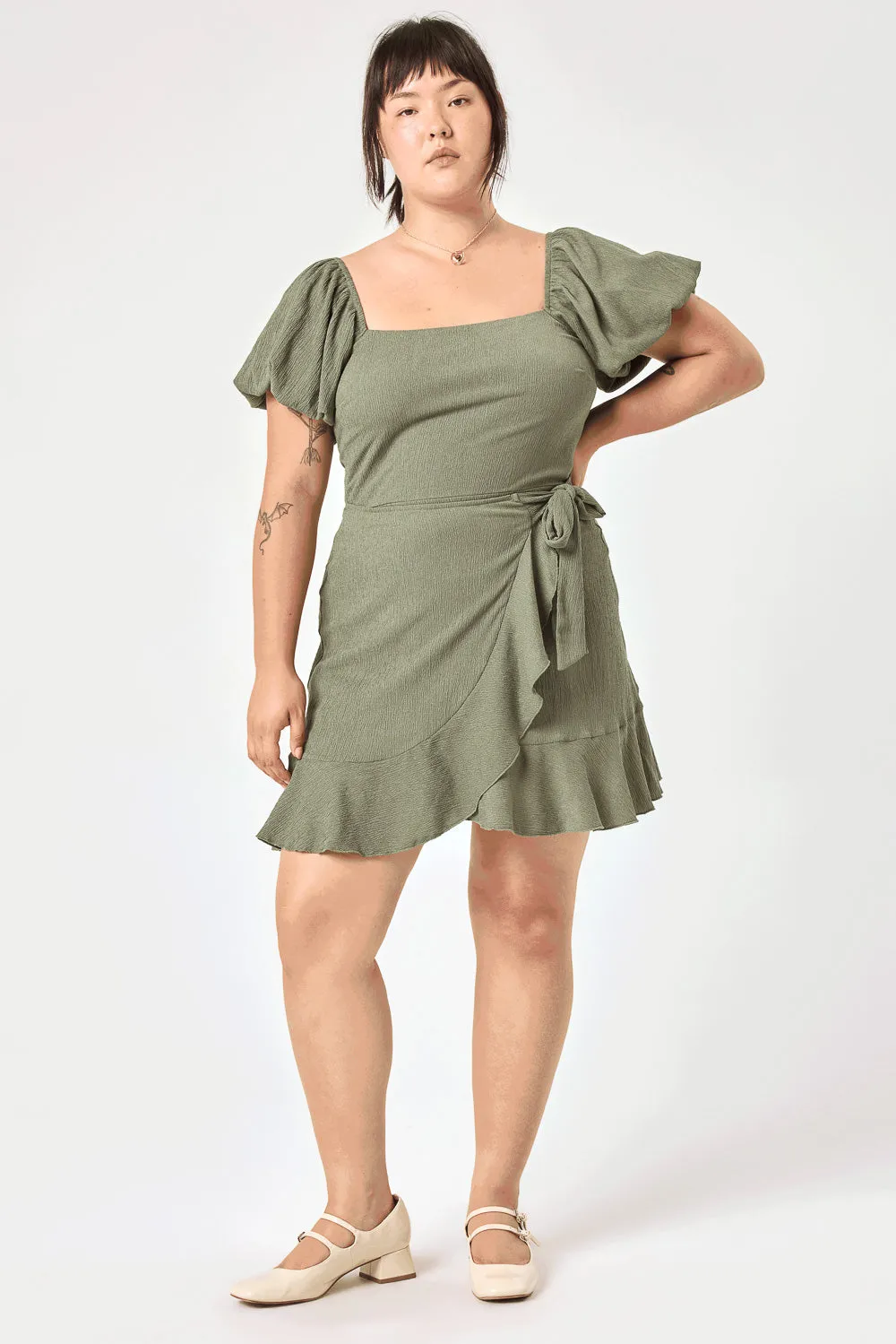 Olive Puff Sleeve Wrap Dress