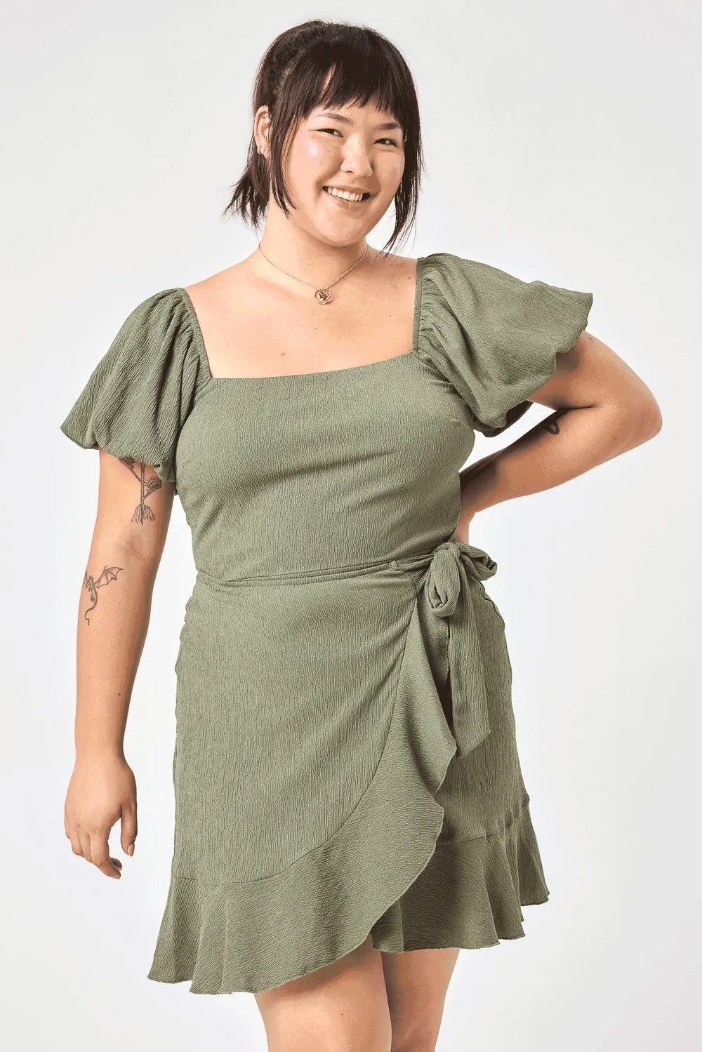 Olive Puff Sleeve Wrap Dress