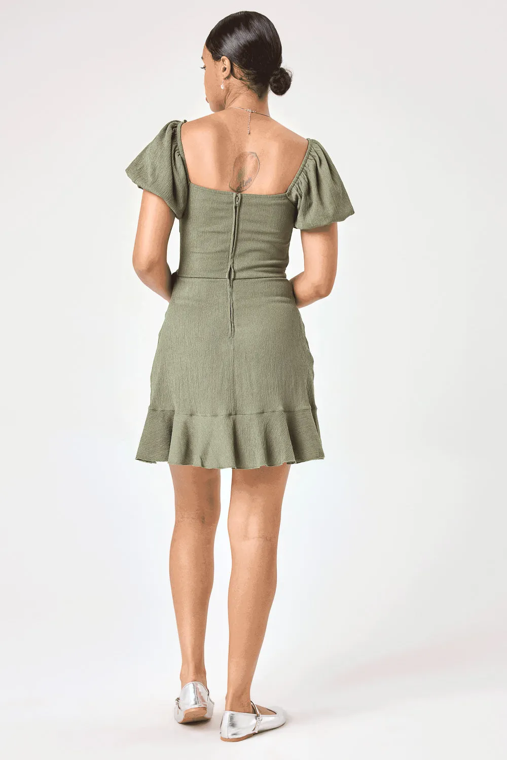 Olive Puff Sleeve Wrap Dress