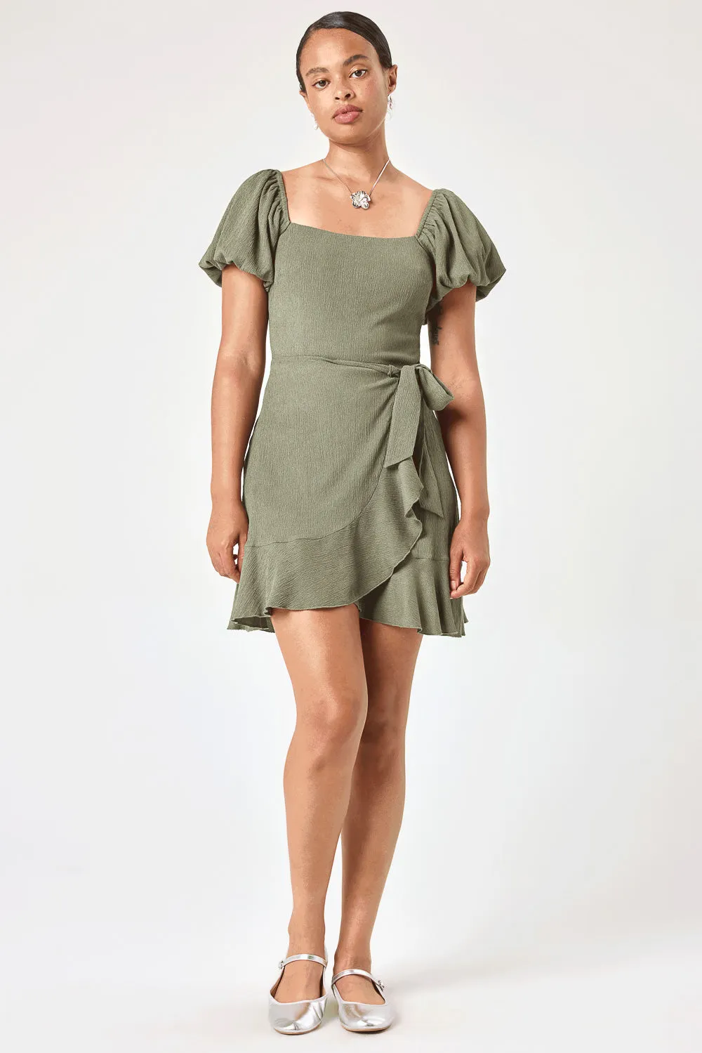 Olive Puff Sleeve Wrap Dress