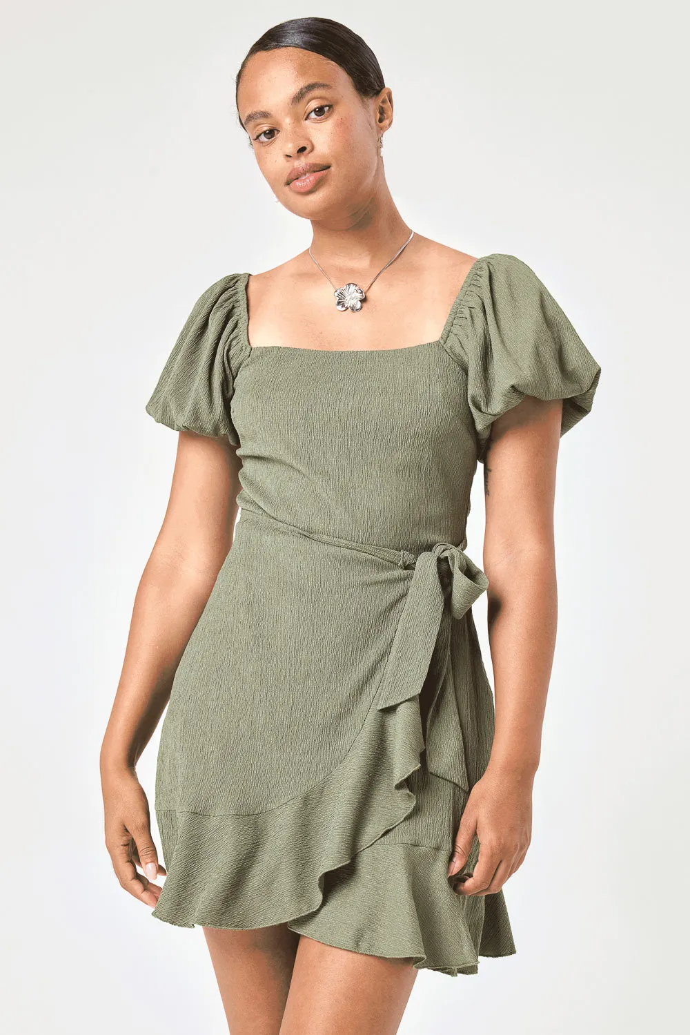 Olive Puff Sleeve Wrap Dress