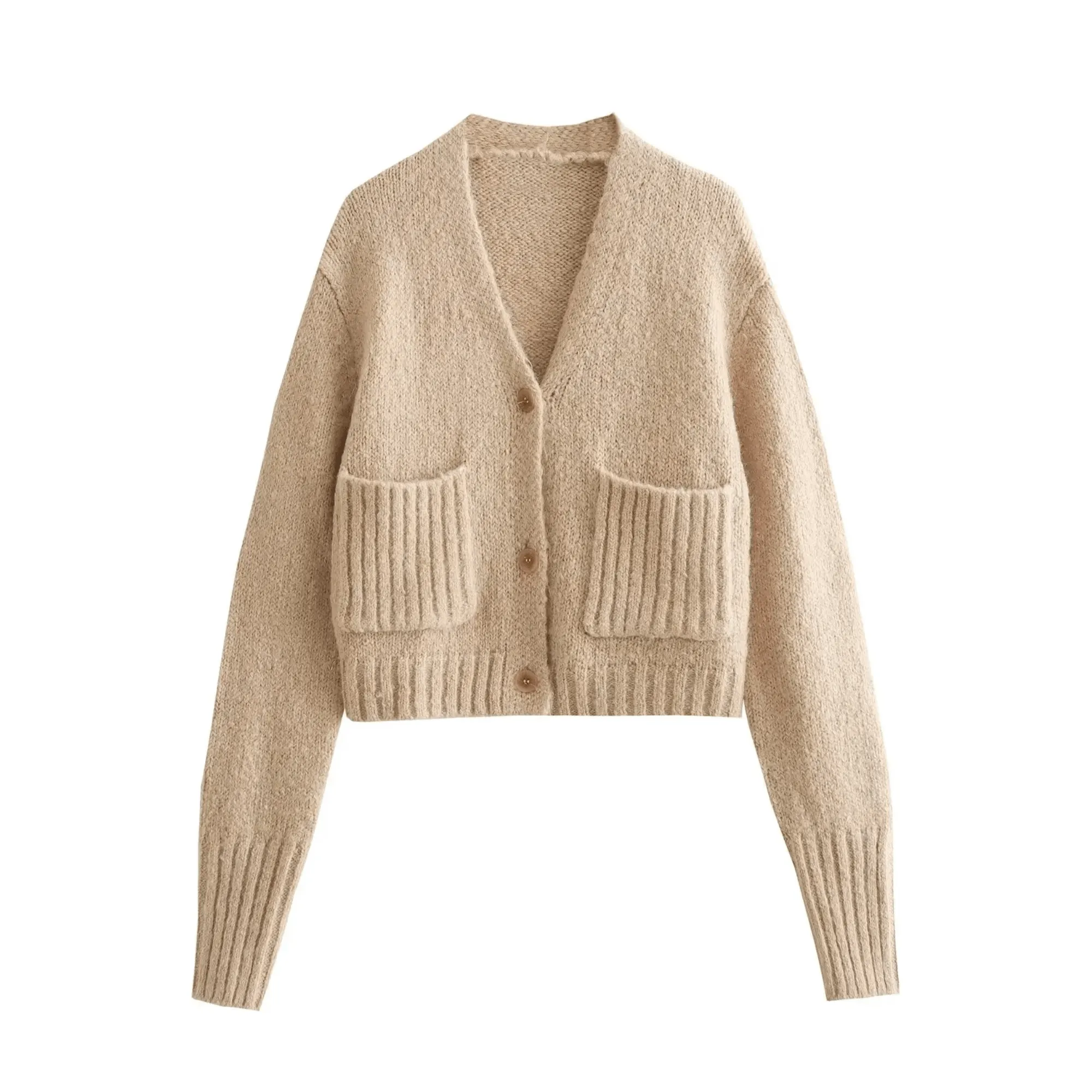 Pre Order:  Ribbed Pockets Knitted Short Cardigan